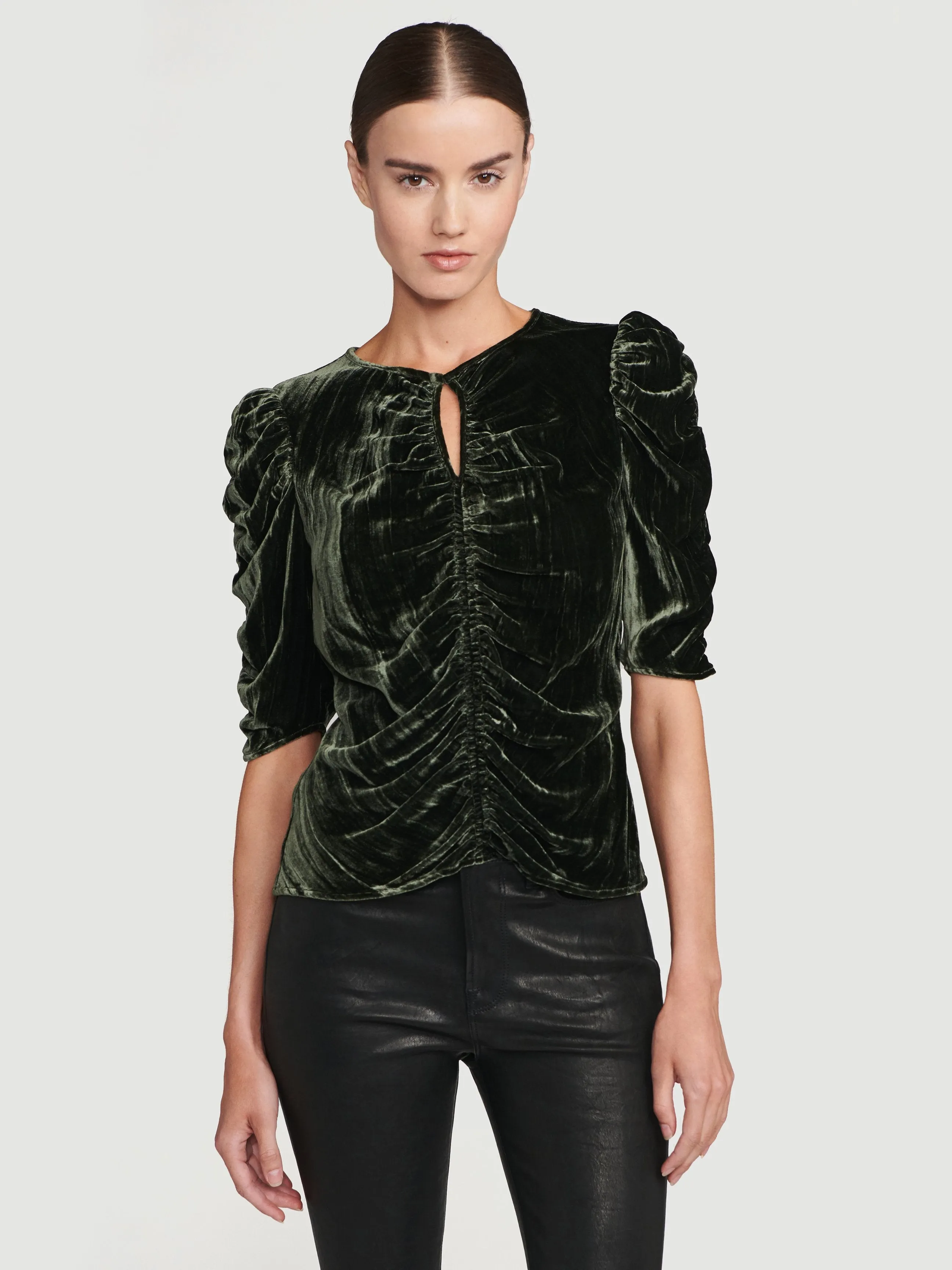 Velvet Shirred Keyhole Top -- Deep Moss