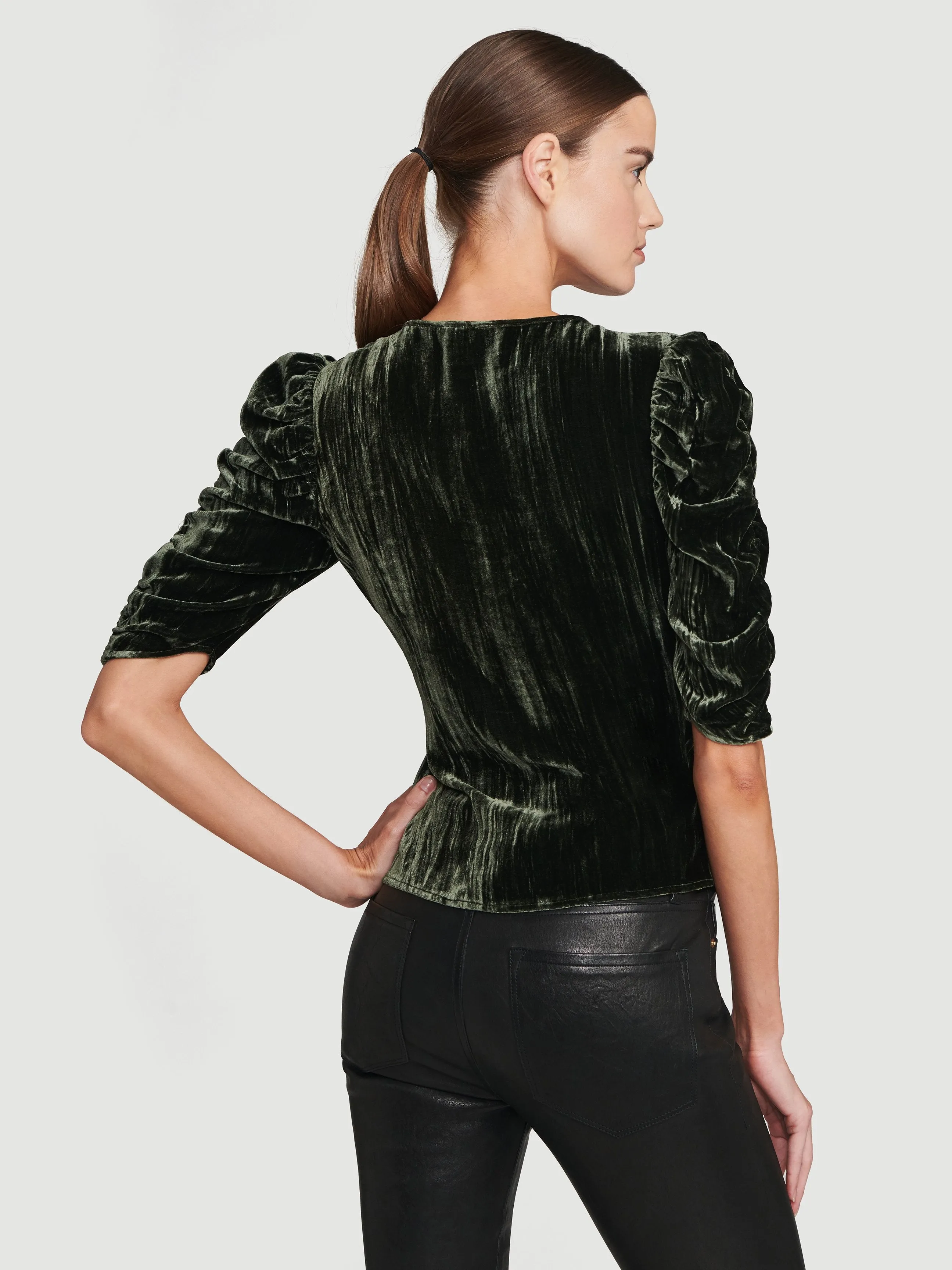 Velvet Shirred Keyhole Top -- Deep Moss