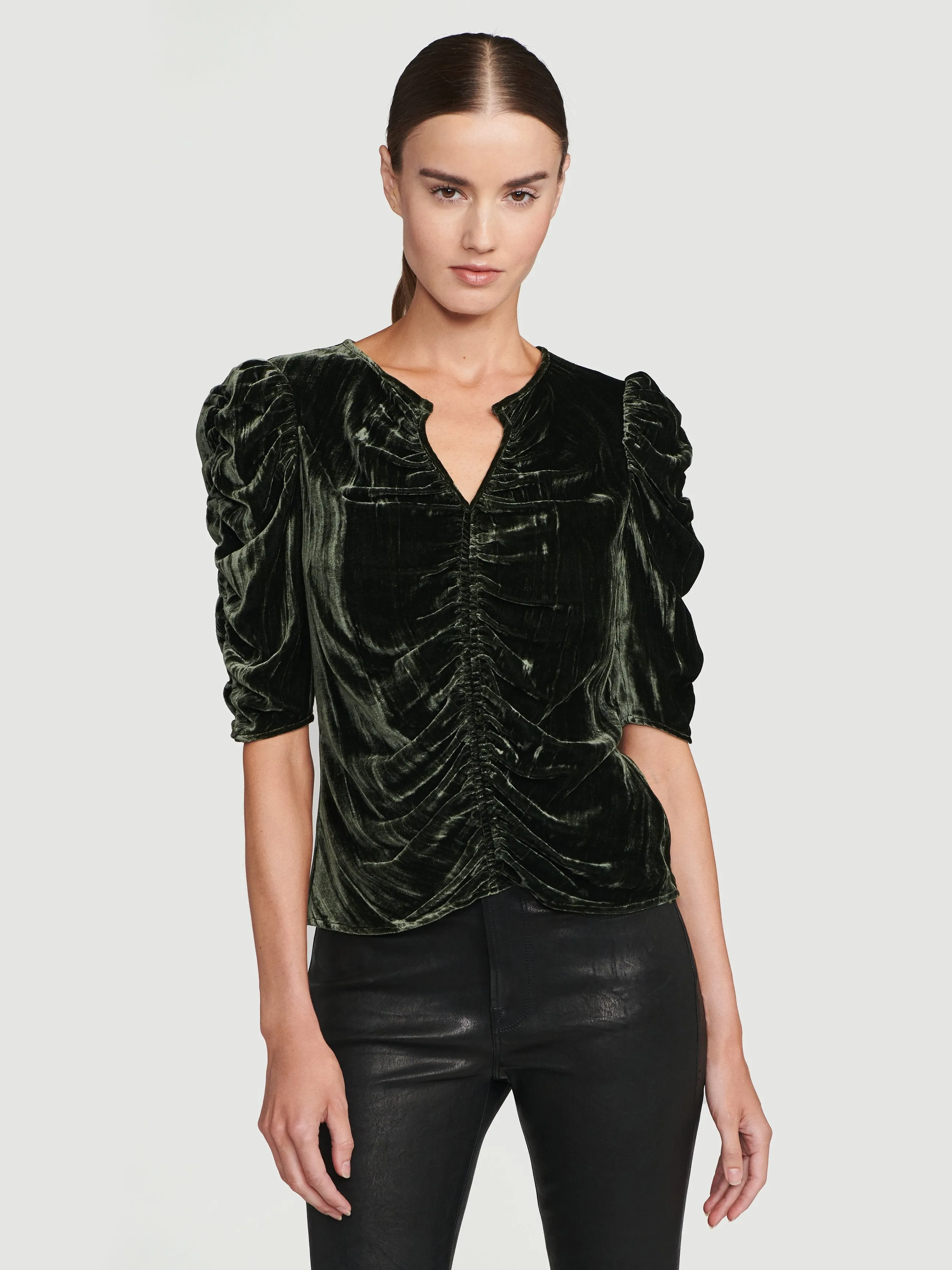 Velvet Shirred Keyhole Top -- Deep Moss