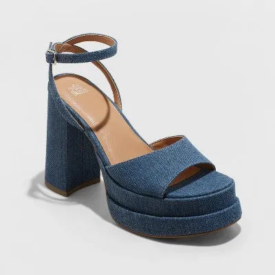 Wild Fable Women's Chunky Block High Buckle Heels Denim Ankle Strap Memory Foam