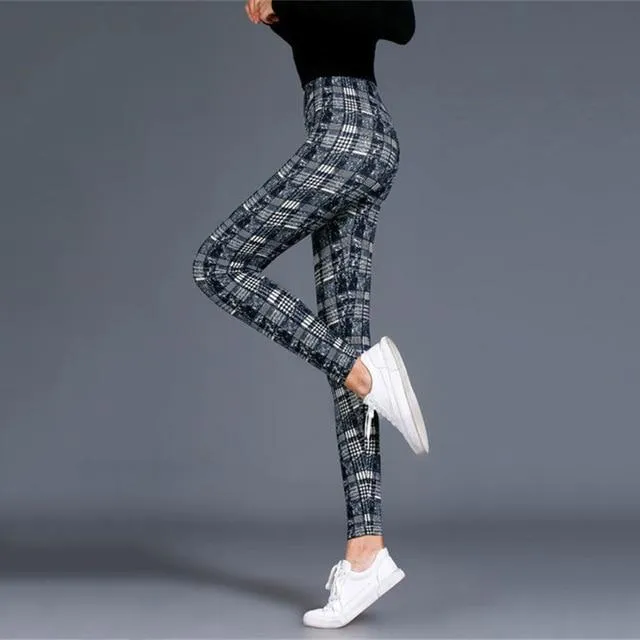 Women Plaid  Floral Stripe Trouser High Waist Pants