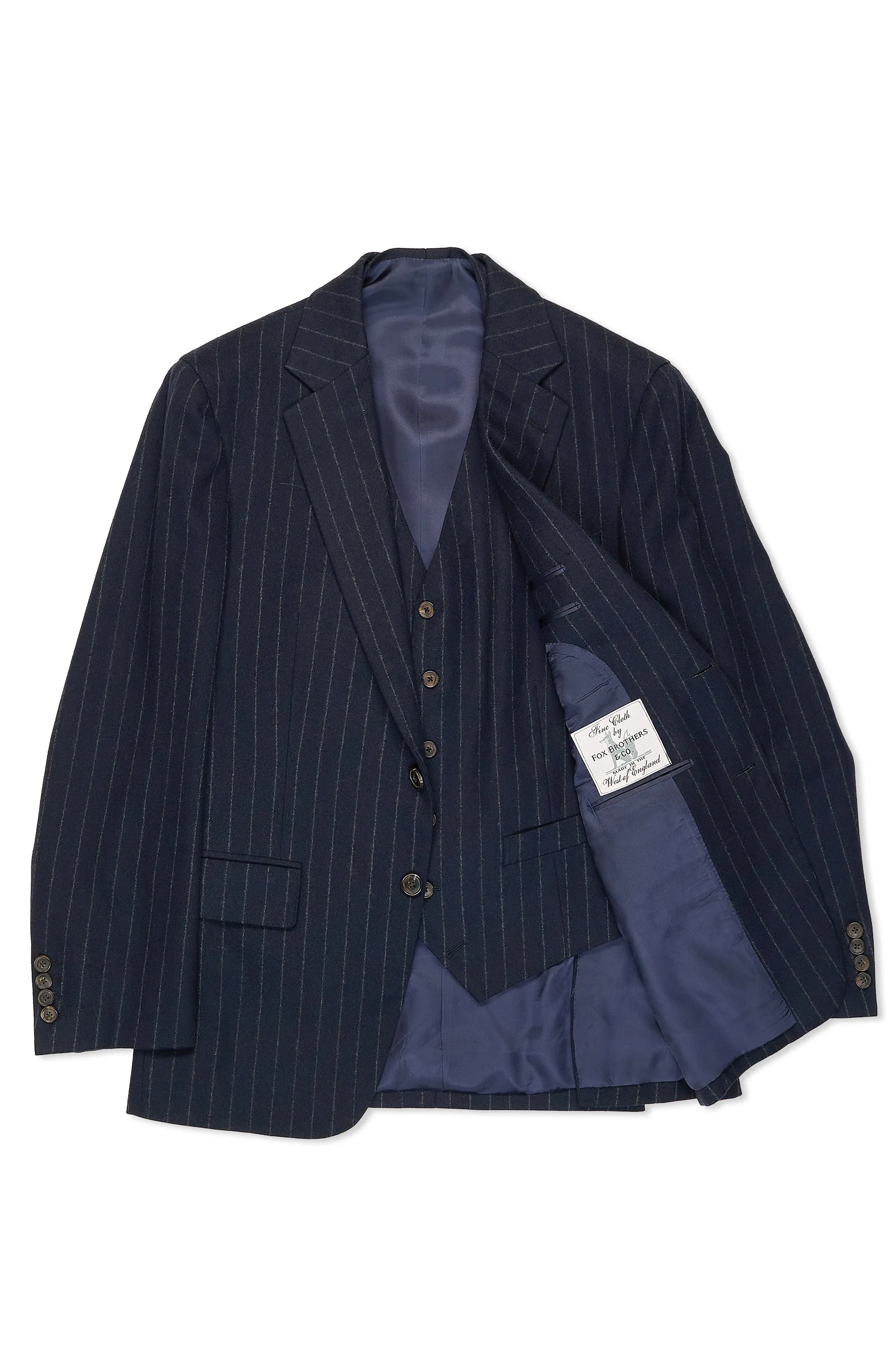 WW Chan Navy Chalkstripe Flannel Three Piece Suit Bespoke