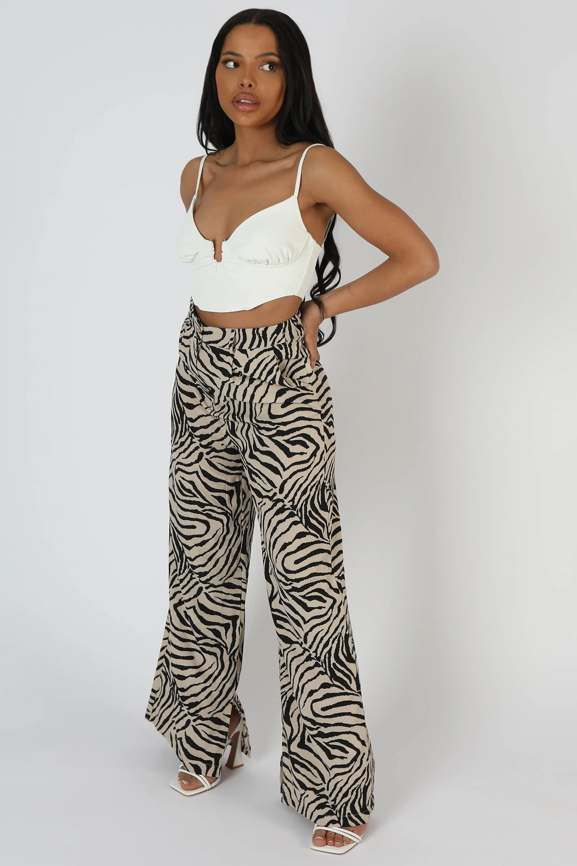 Zebra Print Tailored Trousers Stone