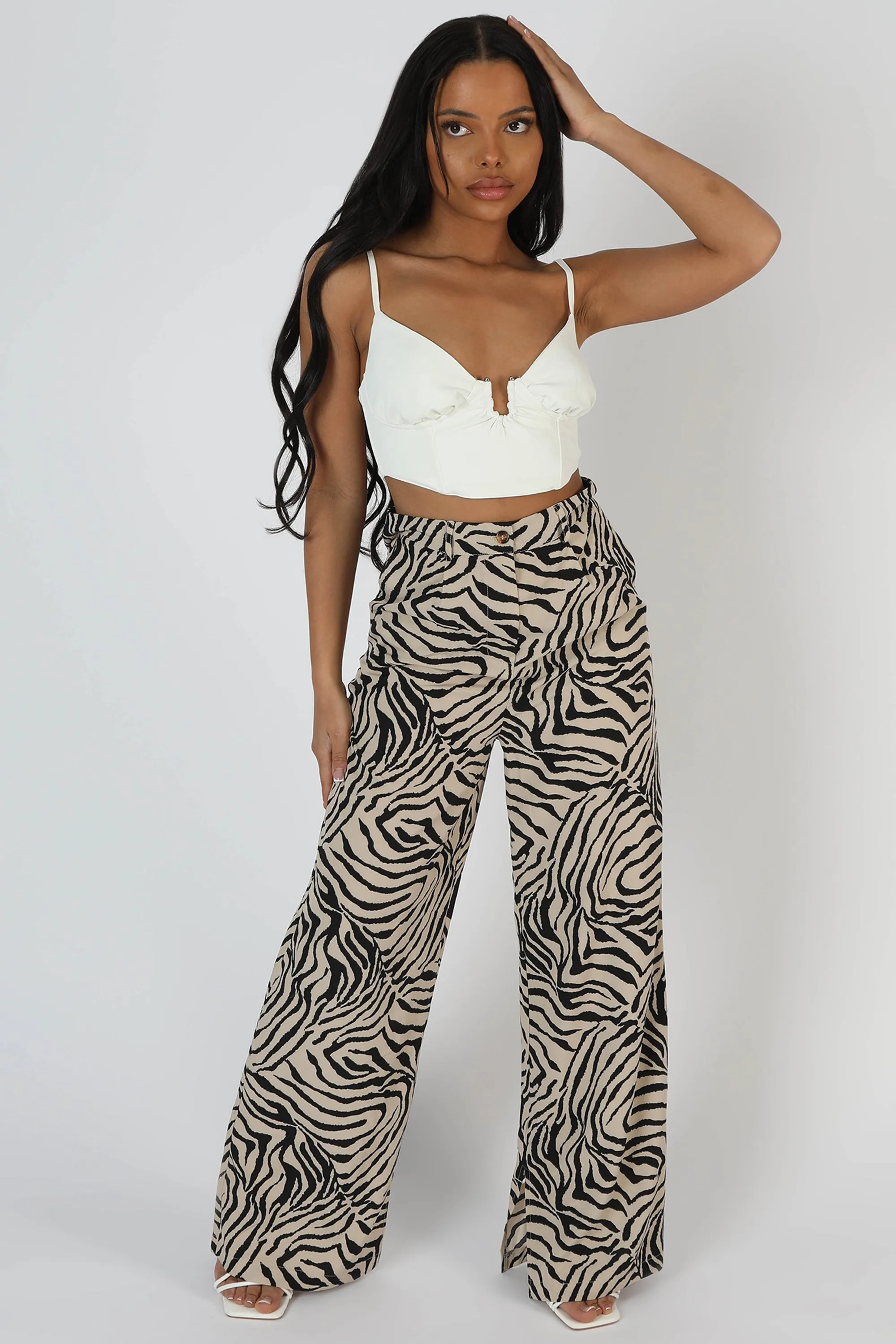 Zebra Print Tailored Trousers Stone